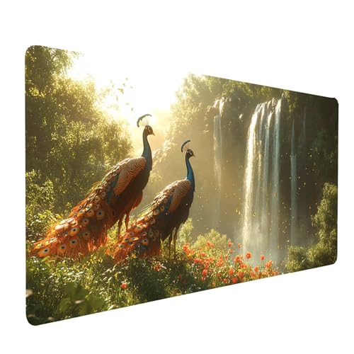 Tappetino Mouse xxl 900x500x3MM Impermeabile Gaming Pavone per Tastiera Wireless Pc Portatile Mousepad Cascata Cucire Bordi Base in Gomma Antiscivolo Accessori Scrivania model-5327