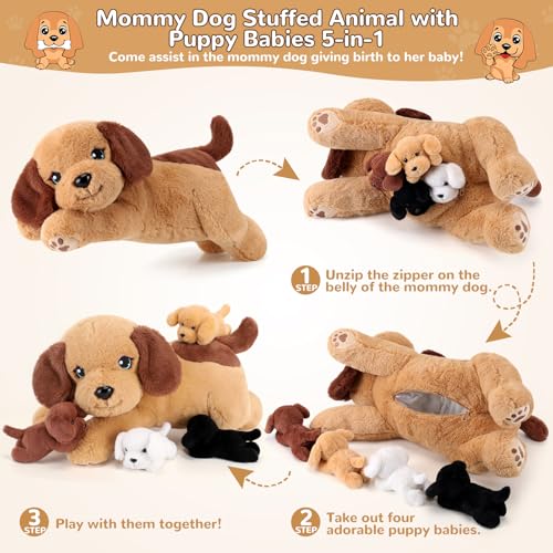 Image of 5 Pieces Dog Stuffed Animals with Babies Inside Belly - 1 Mommy Stuffed Dog with 4 Puppy Plush - Stuffed Puppy Plush Toy for Kids Age 3-8, Gifts Ideal for Christmas, Valentine's, Birthday