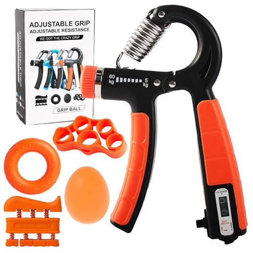 Tking Handtrainer Unterarmtrainer Fingertrainer Set 5-60kg Verstellbarer mit Widerstand Griffkraft Trainer, Fingertrainer, Grip Ring, Fingerkraft Grifftrainer, Massagebällen (Orange Zählfunktion)