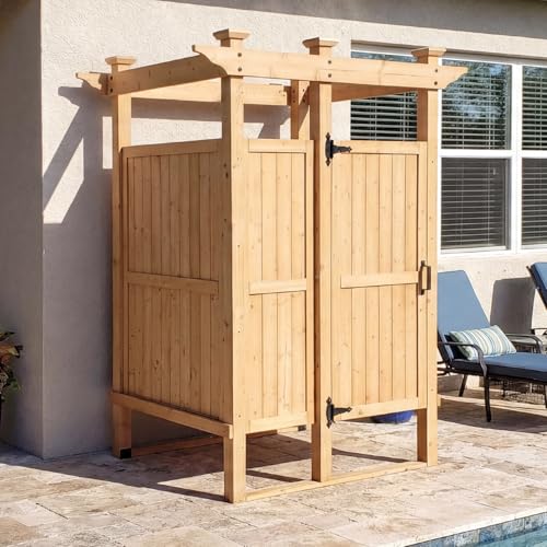 MOUMON Outside Shower Enclosure with Lockable Door Cedar Wood Privacy Outdoor Shower Stall with Hooks & Shelves Outdoor Changing Room Wash Station for Pool Beach Natural 65.7D x 65.7W x 83.7H
