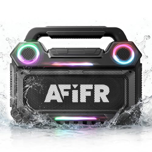 AFIFR Outdoor Bluetooth Speaker, 160W Loud Bass! Rugged, IP67 Waterproof, 24H Playtime with Lights, Wireless TWS Pairing Portable Speakers for Party, Outsides, Travel, Beach, Garage (Black)