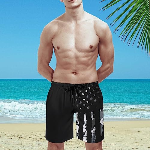 Mens Swim Trunks, Vintage Camo Distressed Black American Flag Camouflage USA Flag Beach Shorts Perfect Lining Swimwear Drawstring Beach Bathing Suits Pant with Pockets Mesh Lining XL2