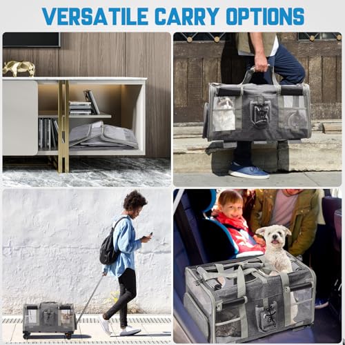 Tragbarer Transportwagen für Haustiere mit Rollen, faltbar, Fluggesellschaftsgröße für Katzen und Hunde bis zu 20 kg (60 × 40 × 45 cm), 2-in-1 abnehmbare Fächer, Grau + gratis Katzenspielzeug und