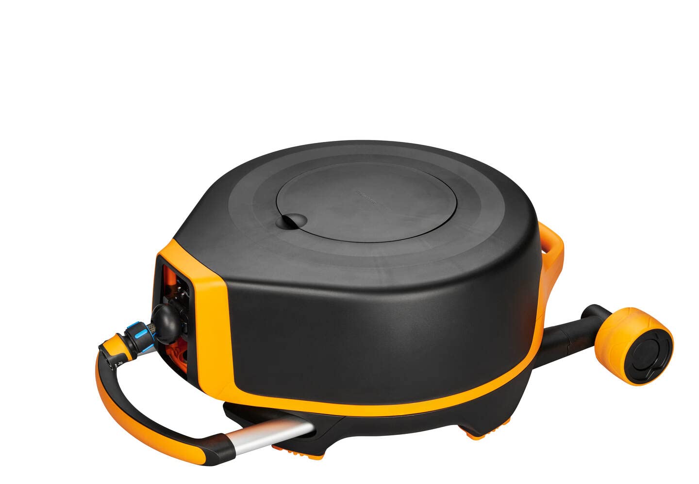 Fiskars Carro portamangueras XL con ruedas, Set de riego todo incluido, Alcance 27m, Enrollado automático, Manguera tamaño universal (diám. 13 mm), Conector grifo universal, Negro/Naranja, 1025933 | 1025933 - Manguera de bobinado automático, conexión univ