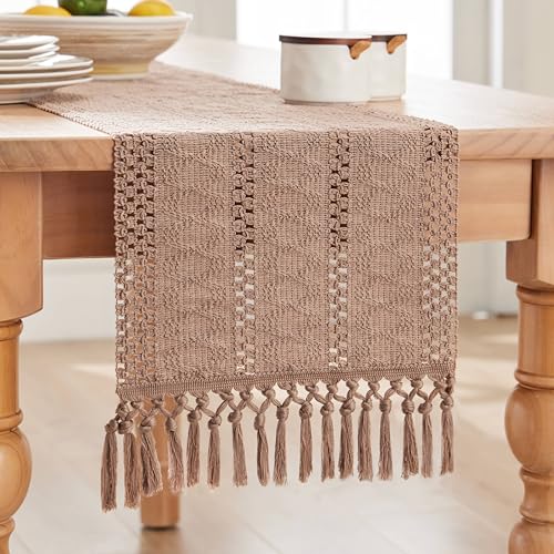 Image of ZeeMart Macrame Style Boho Table Runner, Taupe Table Runners 60 Inches Long, Farmhouse Woven Home Decor, 12x60 Inch, Taupe
