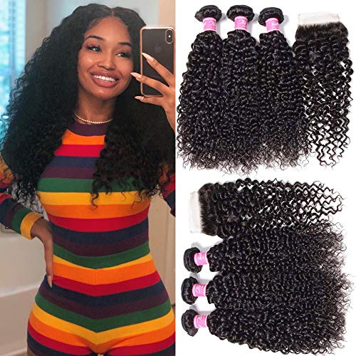 Ali Julia Hair Brazilian Virgin Curly Hair 3 Bundles with Lace Closure 4X4 Free Part 8A Grade 100% Unprocessed Human Hair Extensions Natural Color(14 16 18+12 inch)