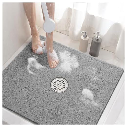 HITSLAM Square Shower Mat, 24 x 24 Inch Non Slip Bath Mat for Tub, Soft PVC Loofah Bathtub Mats with Drain Holes, Quick Drying Bathroom Stall Floor Mat, Bathroom Accessories Without Suction Cup, Grey