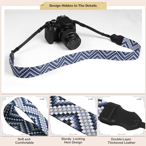 Image of Universal Camera Strap - Camera Neck Strap, Adjustable Shoulder Straps Compatible with Canon, Fujifilm, Nikon, Olympus, Panasonic and other SLR and mirrorless cameras - Blue White Gquares
