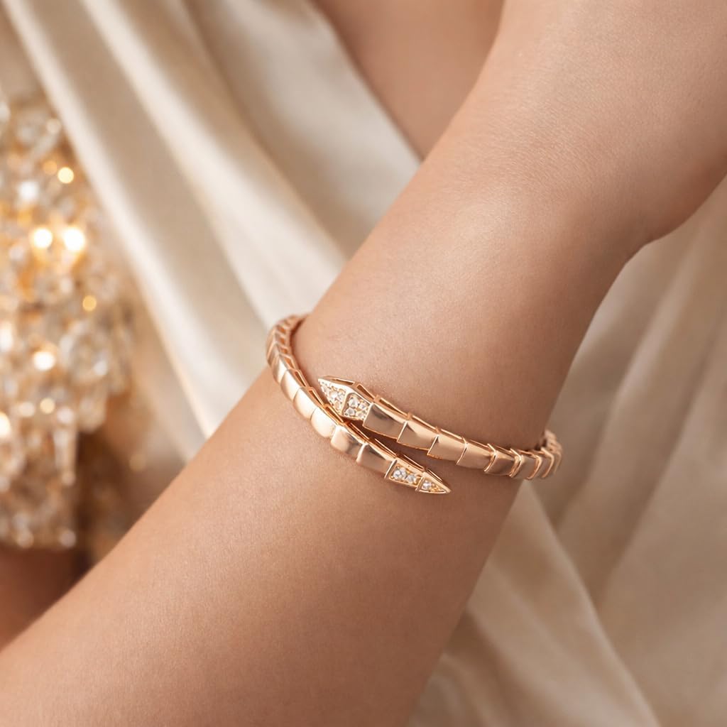 Luxury Snake Bracelet for Women, Gold-Plated Copper Bangle, Minimalist Round Design, Gold Arm Cuff Snake, Designer Inspired Serpenti Design, Premium Gift