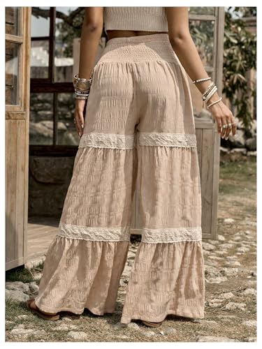 GORGLITTER Women's Flowy Linen Pants Smocked High Waisted Palazzo Wide Leg Boho Beach Trousers2