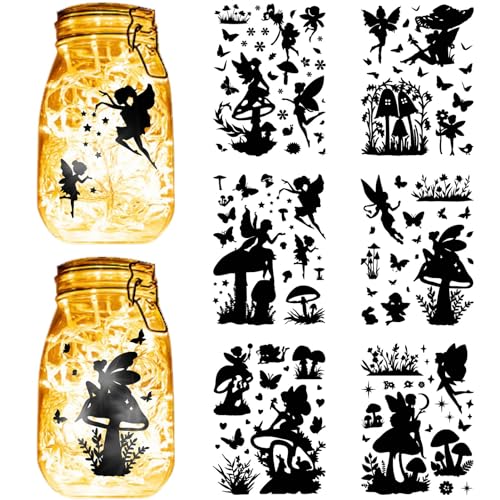 CREATCABIN 12hoja 6 estilos Fairy Angel Mason Jar Calcomanías Pegatinas Hongos Troqueladas Siluetas Autoadhesivas PVC Impermeable para Manualidades,Álbumes Recortes,Farol,Tarros Pared,Ventanas,20x15cm