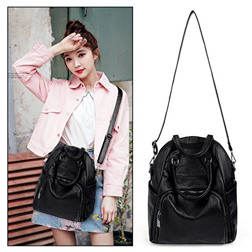 UTO Women Backpack Purse PU Washed Leather Convertible Ladies Rucksack Crossbody Shoulder Bag New Black3