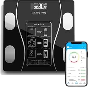 Balança Corporal Digital com Bioimpedância e Bluetooth, Pilhas AAA, Vidro Temperado, Visor Inteligente, Análise de Composição Corporal, Controle de Peso e Saúde com Aplicativo, Design Premium