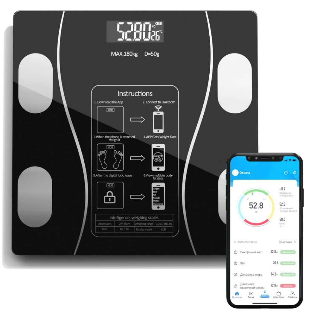 Balança Corporal Digital com Bioimpedância e Bluetooth, Pilhas AAA, Vidro Temperado, Visor Inteligente, Análise de Composição Corporal, Controle de Peso e Saúde com Aplicativo, Design Premium