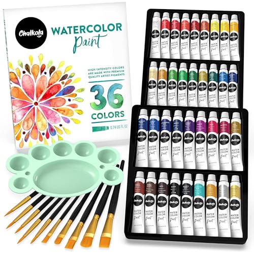 Chalkola Aquarellfarben-Set für Anfänger und Profis | 36 watercolor set (12 ml, 0,4 oz) 10 Pinsel & 1 Palette | Helles Aquarell farben für Leinwand | Kunst- und Malbedarf für Kinder und Erwachsene