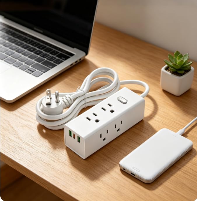 Regleta protector contra sobretensiones - Cable de extensión de 1.22 metros con 6 tomas anchas y 3 puertos USB (1 USB C), extensible para montaje en pared, enchufe plano, para viaje, hogar, oficina y dormitorio universitario, Blanco miniatura 1