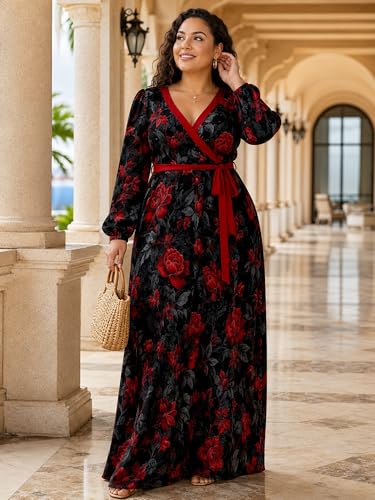 Image of PinkPatty Women's Long Sleeve Maxi Dress Plus Size Trendy Wedding Guest Dress with Pockets&Belt