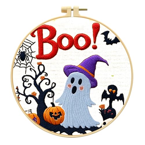 Image of Zhenqing Halloween Ghost Embroidery Kit for Beginners, Cute Boo Needlework Kit with Pre-Printed Cotton Fabric, 20cm Hoop, Threads & Tools, Spooky DIY Wall Decor (C0117)