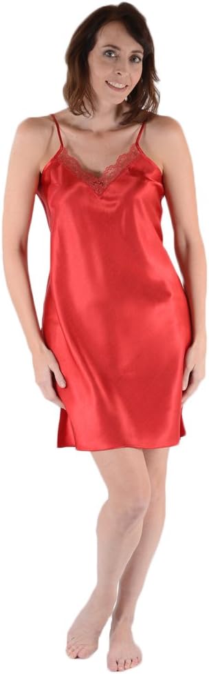 Classic Satin Chemise with Matching Lace, Five Color Choices