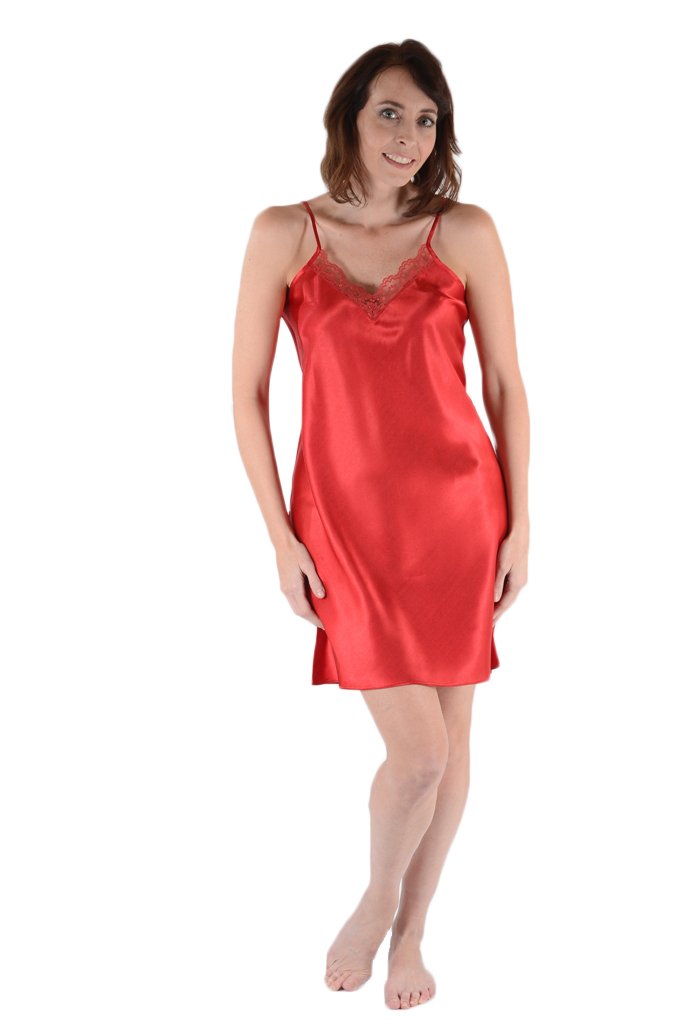 Classic Satin Chemise with Matching Lace, Five Color Choices