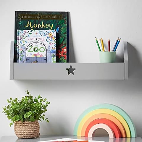 Haus Projekt Wall Shelf, (1 Pack Grey) Children’s Star Floating Bookshelf Organiser, Nursery Decor, Wall Mounted Wooden Storage Solution, Shelves for Kids Playroom, Shelving Unit, 50x10x16cm Cover