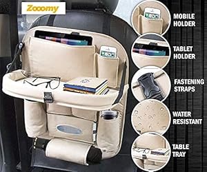 ZOOOMY Heavy Leather Car Back Seat Organizer with Foldable Dining Table Tray Waterproof Storage Pockets (Beige) for Tata Tiago (Type-I) 2016-2020