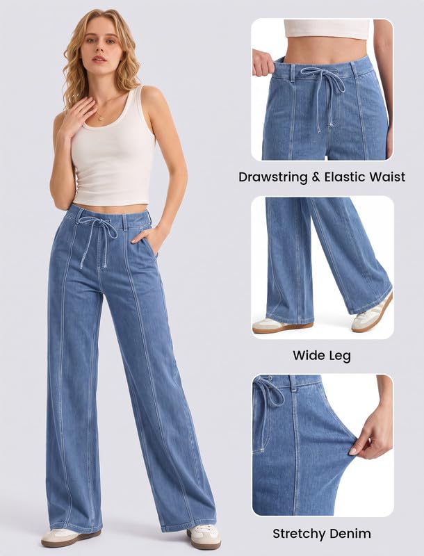 keriffe Women's Wide Leg Jeans Drawstring High Waisted Stretchy Denim Pants - image 4