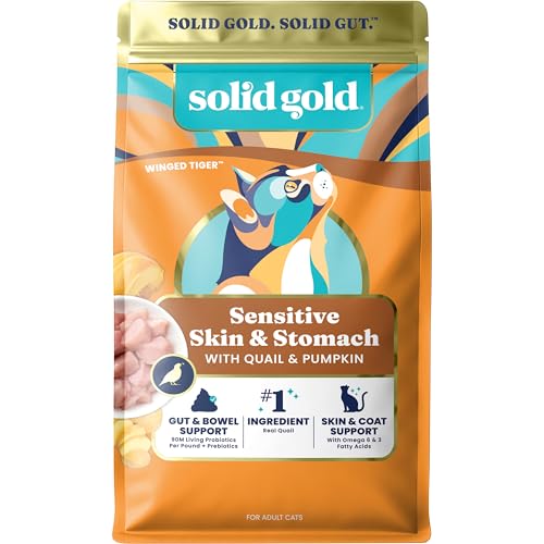Solid Gold Sensitive Stomach Dry Cat Food - Grain Free Gluten Free Sensitive Stomach Cat Food for Indoor Adult/Senior Cats - Dry Kibble for Cats w/Quail - Probiotics for Gut Health - 6lb