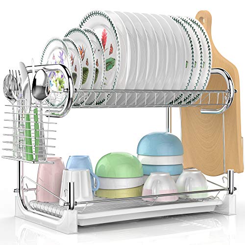 Dish Drying Rack, Veckle 2 Tier Dish Drainer Easy Install Non-Slip Dish Rack