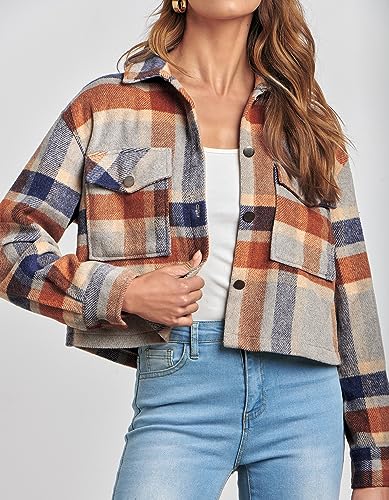 CFLONGE Women's Casual Jacket Coats Button Down Corduroy Cropped Shacket Plaid Long Sleeve Flannels Shirts for Women Jackets3