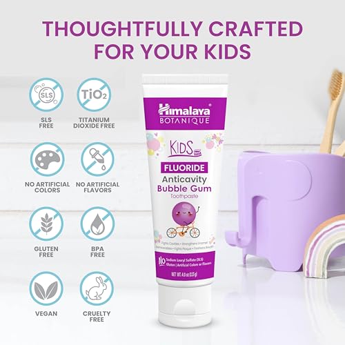 Image of Himalaya Botanique Kids Fluoride Anticavity Toothpaste, Bubble Gum, 4 oz | Fluoride Toothpaste To Fight Cavities & Strengthen Enamel - Vegan, SLS Free, No Artificial Colors or Flavors, Gluten Free