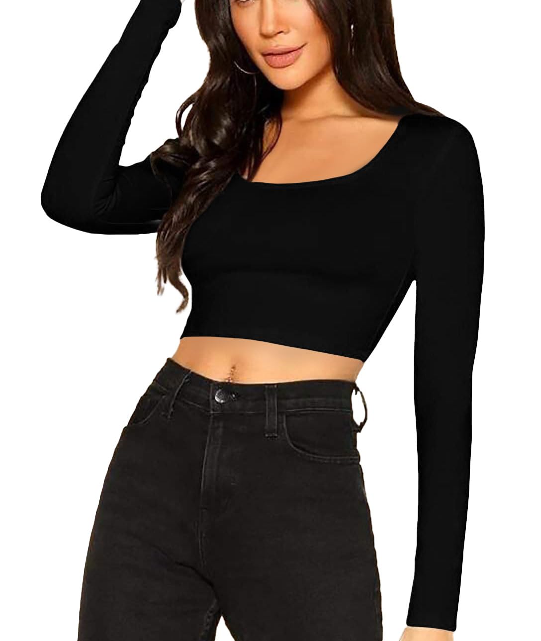 Women's Comfy Cotton Full Sleeves Tops Scoop Neck Crop Top Women-image-47