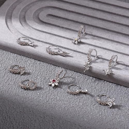 10 Pcs Dangle Nose Stud Rings Hoops, Copper Dainty Star Moon Heart Leaf Flower Dangle Butterfly Nose Hoop Piercing Jewelry for Women Fashion Accessories(Silver)3