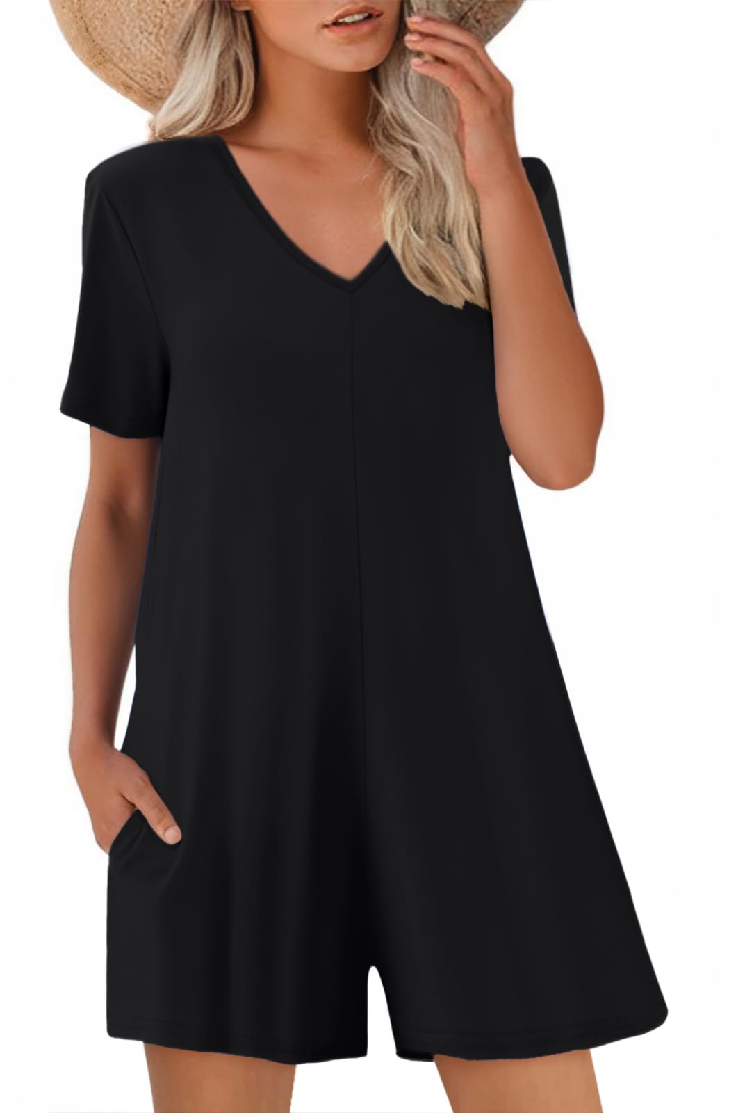 Women's Summer Short Sleeve V Neck Short Jumpsuit Loose Casual Romper with Pockets
