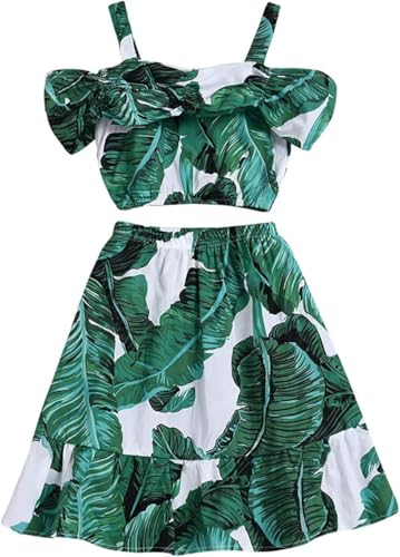 BOEBNOZCV Toddler Baby Girl Strap Banana Leaf Print Strappy Cold Shoulder Cropped Top + Long Skirts Outfits Clothes Set (Banana Leaf, 7T)