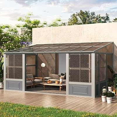 EROMMY 10' x 16' Sunroom, Wall Mounted Gazebo Solarium with Aluminum Frame, Polycarbonate Roof, Permanent Sun Room with Sliding Doors, Lockable PC Screen Walls, Lean to Gazebo for Garden, Patio, Deck