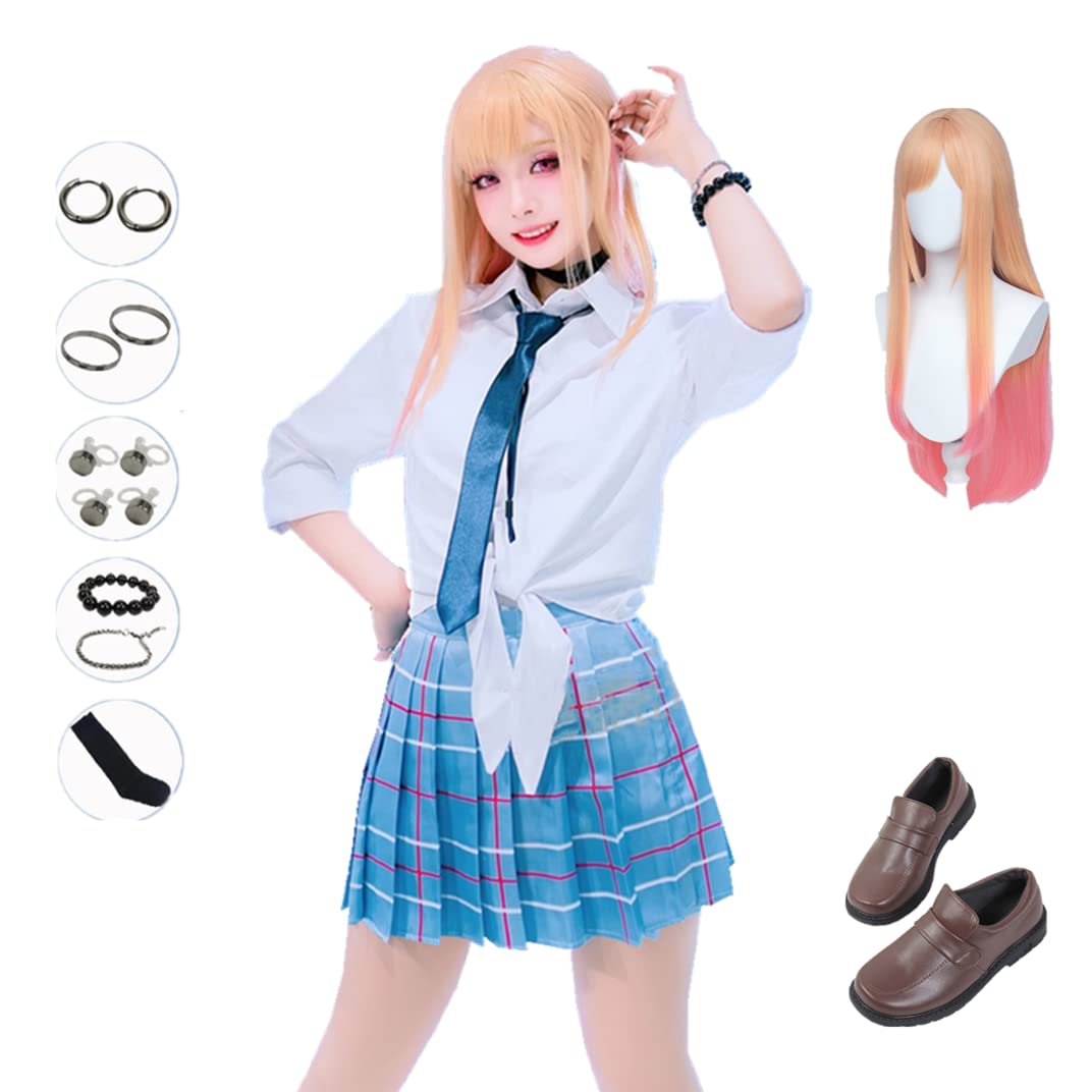 Disfraz de anime para cosplay de Kitagawa, falda a cuadros, traje de peluca y zapatos