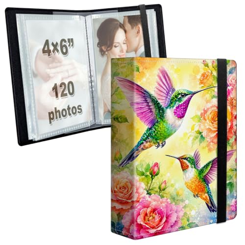 Image of Photo Album 4x6 120 Photos with Strong Elastic Band, Hummingbird Rose | Large Capacity Premium Leather Picture Album, Portable Wallet Albums Photo Book for Family Anniversaries Wedding Baby