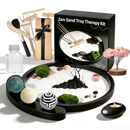 Zen Garden Kit for Desk, Japanese Decor with Rock Feature Stamp Spheres, Round Decorative Trays,...