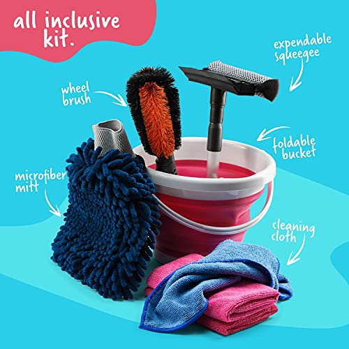 Kids Car Wash Activity Kit – 7 Kid-Sized Carwash Accessories Gifts For Boys & Girls Ages 5 6 7 8-10 - Outdoor Fun Toys – Set Includes Bucket, Squeegee, Microfiber Mitt, Wheel Brush, 3 Cleaning Cloths #TOP1