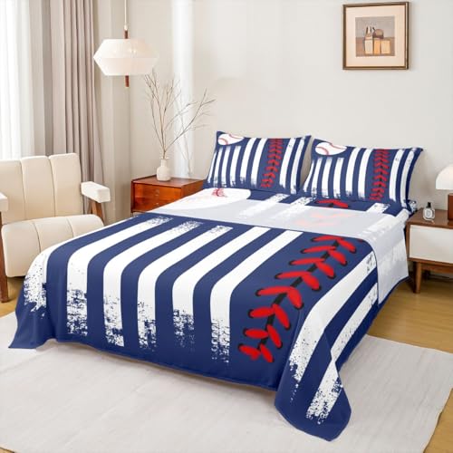 Image of Castle Fairy Navy Blue Red Bed Sheet Queen Size,Ball Sports Games Sheets,Kids Baseball Bedding Sets (1 Fitted,1 Flat,2 Pillowcases) Luxury Deep Pocket Bed Sheets