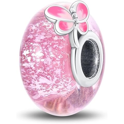 Nbsameng S925 Sterling Silver Murano Glass Charms Bead Compatible for Pandora Bracelets and Necklaces, DIY Holiday Gifts for Women Adult, Pink Butterfly Cover