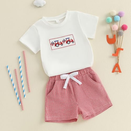 Image of Kayotuas Fourth Of July Toddler Boy Outfit Baby American Flag Clothes Patriotic Shirt Striped Gingham Shorts 2Pcs Summer Sets