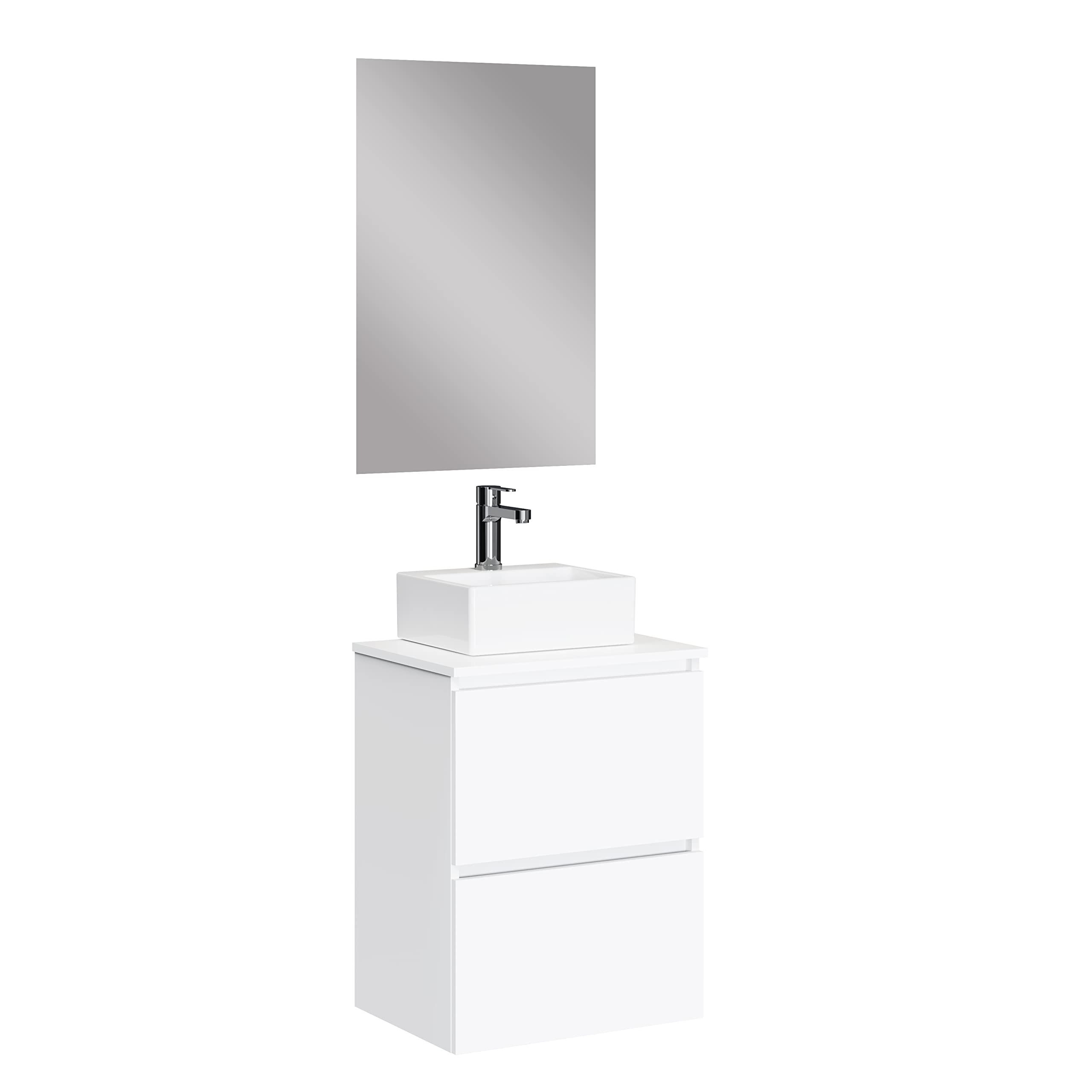 Baikal Mueble de Baño Onyx con Fondo Reducido. Mueble Suspendido en Pared Incluye Lavabo cerámico sobre encimera. Mueble Montado. con Espejo 50 cm Fondo 39, 2 Cajones Blanco Mate