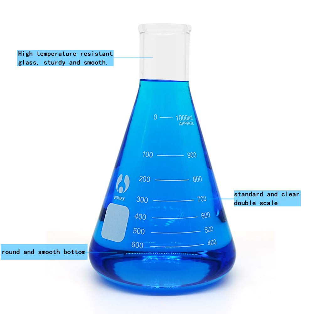 Erlenmeyer - Juego de frascos de vidrio de boca estrecha de 1000 ml