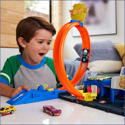 image for Hot Wheels Toy Car Track Set, Super Police Station Playset with 1:64 S