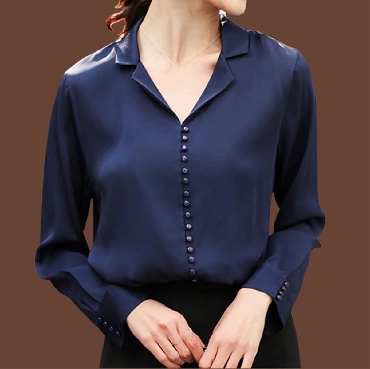 Camisa de manga larga de seda con solapa para mujer, para negocios, oficina, cuello en V, ajustada