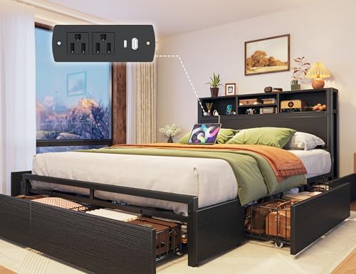 Image of EnHomee Full Bed Frame with 6 Storage Drawers, Charge Station,Noise-Free