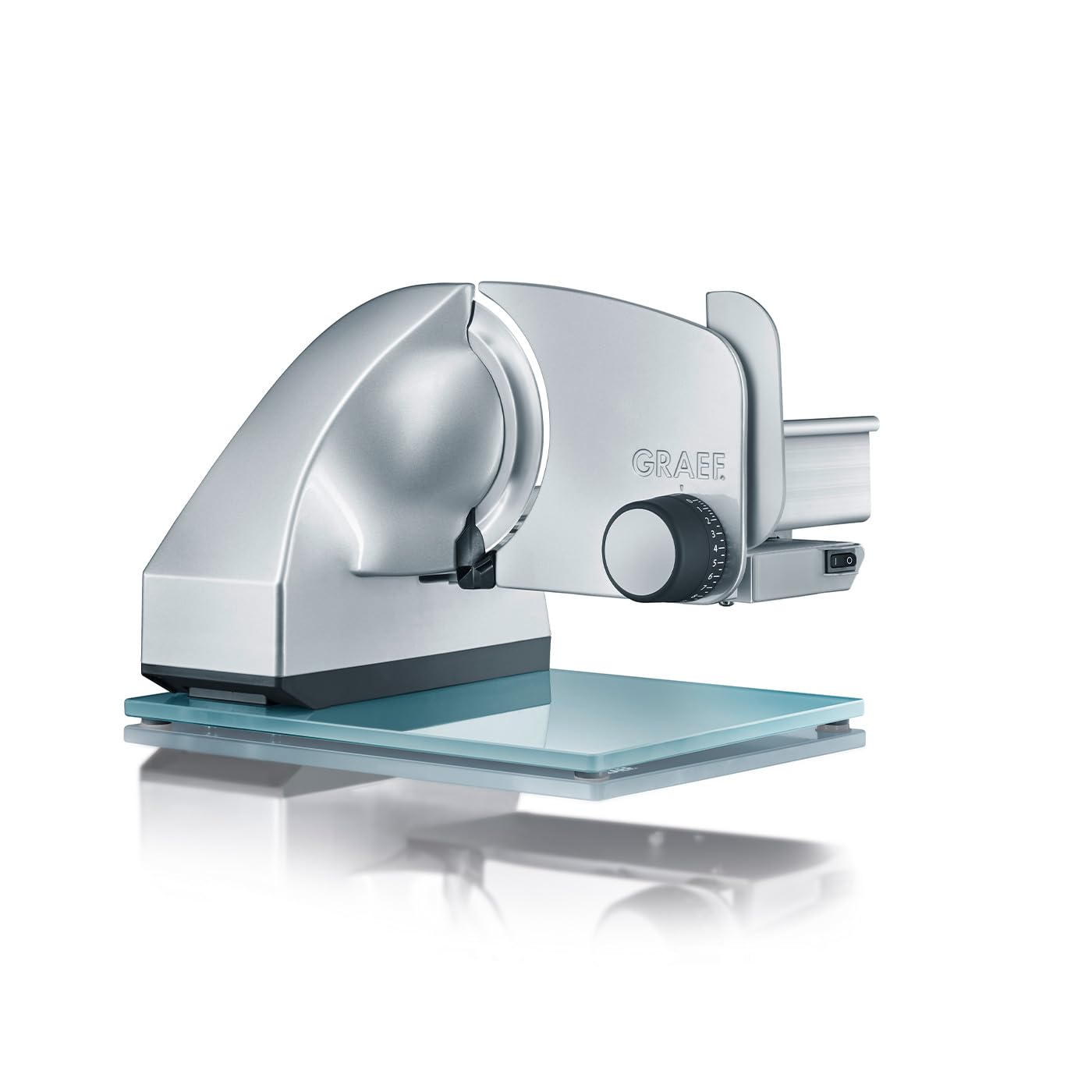 GRAEF Allesschneider MASTER M80 silber, glattes Edelstahlmesser Ø 170 mm, neigbar bis 30°, Dauerfunktion, stufenloser Schnittstärkeneinstellung, Vollmetallgehäuse, Glasbodenplatte, einfache Reinigung