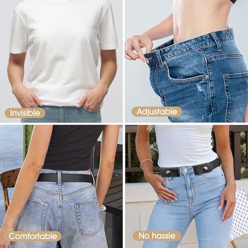 4Pcs Elastic Belts for Women and Men, No Buckle Belt & No Show Stretch Belt, Adjustable Nylon Webbing Belts, Stylish Invisible Belt for Jeans Pants, Fits Waist 30-45 Inches4